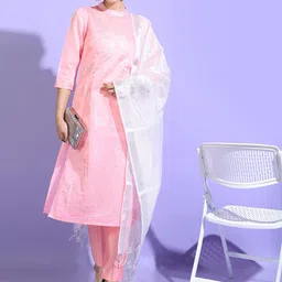Vishudh Women Pink Chanderi Cotton Kurta with Trousers & Dupatta-picture-16