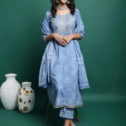 Sangria Bandahni Printed Pure Cotton Kurta With Trousers & Duppatta image 5