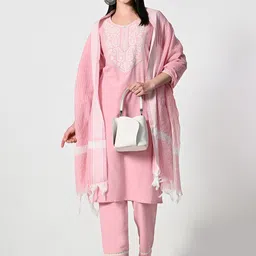 ALL WAYS YOU Floral Embroidered Straight Kurta with Trousers & Dupatta image 5