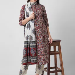 Arayna Floral Printed Regular Pure Cotton Kurta with Trousers & With Dupatta image 5