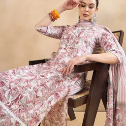 Anouk Mauve Floral Printed Pure Cotton Kurta with Palazzos & Dupatta-image-8