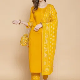 GoSriKi Women Yellow Kurta with Trousers & With Dupatta image 3