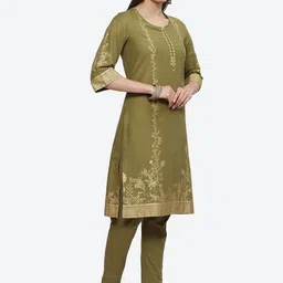 Biba Ethnic Motifs Foil Printed Panelled Pure Cotton Kurta with Trousers & Dupatta image 3