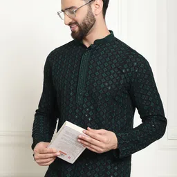 SOJANYA Geometric Embroidered Mandarin Collar Thread Work Pure Cotton Kurta with Churidar image 3