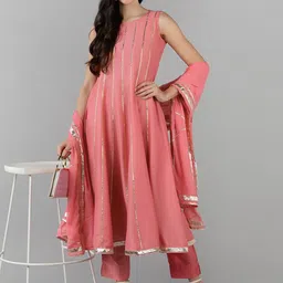 KALINI Striped Round Neck Empire Gotta Patti Anarkali Kurta with Palazzos & Dupatta image 4