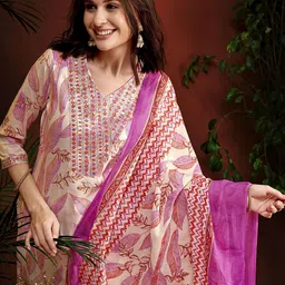 Anouk Pink Floral Embroidered Thread Work V-Neck Pure Cotton Kurta With Trousers & Dupatta-image-20
