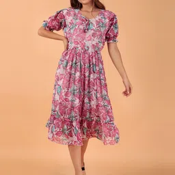 KASHIAN Floral Print Tie-Up Neck Puff Sleeve Georgette Maxi Midi Dress-picture-39