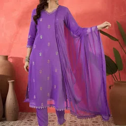 Sangria Floral Embroidered V-Neck Sequinned Straight Kurta Trousers & Dupatta-picture-22