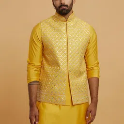 Twamev Majesty Mandarin Collar Straight Kurta With Churidar & Nehru Jacket image 3