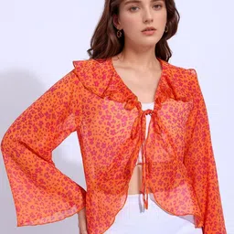 DressBerry Women Tie-Up Neck Floral Printed Flared Sleeve Ruffles Shirt Style Top-image-9
