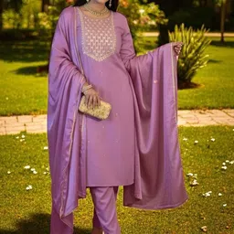 FIDHARA Embroidered Thread Work Pure Silk Straight Kurta With Trousers & Dupatta-picture-23