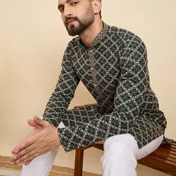 House of Pataudi Geometric Embroidered Thread Work Mandarin Collar Straight Kurta image 4