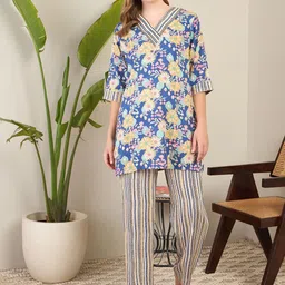 July Women Floral Print Top and Pyjamas Night suit-image-1