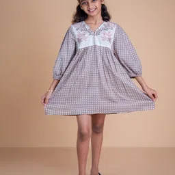 Mini Maana Checked Bishop Sleeve Fringed Fit & Flare Dress-image-25