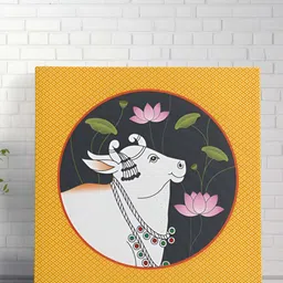 Livin'luxe Yellow & White Pichwai Cow Printed Canvas Wall Art-picture-26