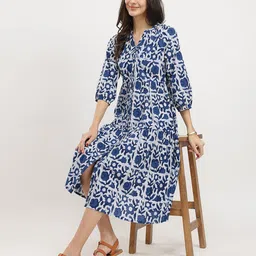 Pink Fort Women Cotton Dabu Floral Tiered Dress - Indigo-image-78
