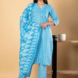 Readiprint Floral Printed Pure Cotton V-Neck Straight Kurta With Palazzos & Dupatta-picture-12
