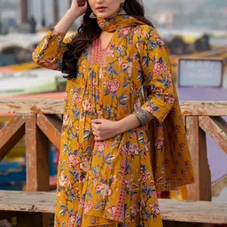 SRF JAIPUR Women Floral Printed Pure Cotton Kurta with Palazzos & With Dupatta image 5