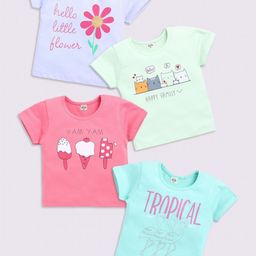 TINY BINY Girls Pack of 4 Graphic Printed Round Neck Cotton T-shirts-picture-24