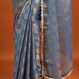 LOROFY Checked Beads and Stones Pure Chiffon Chanderi Saree image 4