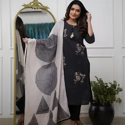 Happy Design Women Ethnic Motifs Printed Thread Work Pure Silk Kurta Trousers & Dupatta image 2