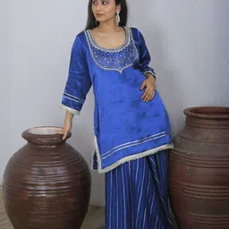 Tanoti Women Ethnic Motifs Embroidered U-Neck Pure Silk Straight Kurti-image-0