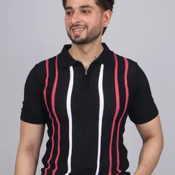 FEVERFEW Striped Polo Neck Cotton Regular Fit T-shirt-picture-21
