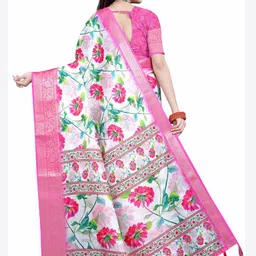 SSHAGUN LIFESTYLE Pink & White Embellished Printed Floral Print Bollywood Cotton Silk Saree image 3