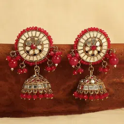 Anouk Gold-Plated And Pink Artificial Stones Studded And Beaded Dome Shaped Jhumkas-picture-32