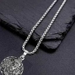 Dharmkunj fashion Unisex Stainless Steel Hanuman Ji Circular Oxidised Pendant With Chain image 2