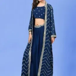 PARROT CREATION Floral Embroidered Poly Georgette Crop Top With Long Shrug & Skirt-picture-17