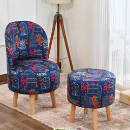 NACIA Blue & Pink 2 Pieces Printed Wooden & Velvet Cylindrical & Round Pouffe Ottomans-image-62