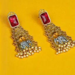 ZEVAR CLUB Oxidised Gold & Silver-Toned Elephant Motif Earring with Red Top & Pearls Drops-picture-24