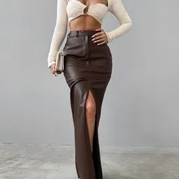 bebe High-Rise Front Slit Pencil Straight Maxi Skirts-picture-14