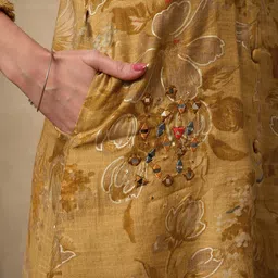 peachmode Mustard Floral Prints & Handcrafted Mirror Work Pure Cotton Co-Ord Set image 4