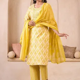 Sangria Embroidered Pure Cotton Round Neck Kurta & Trousers With Dupatta image 5