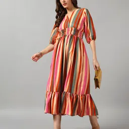 Raiyani Enterprise Women Tiered Striped V-Neck Casual Dress-image-70