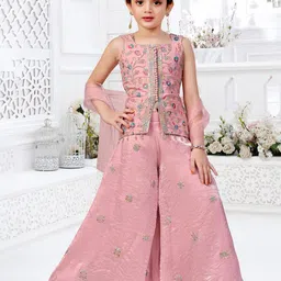 PINK LEAF Girls Floral Embroidered Regular Top With Palazzos & Dupatta-picture-21