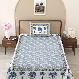 Myntra Elegant Homes Blue & White Floral 210 TC Cotton Single Bedsheet Set 1.52m x 2.78m-picture-34