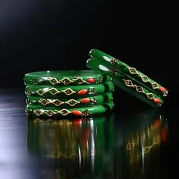 1ST TIME Set Of 14 Green Alloy Artificial Stones & Beads Antique Bangles-picture-20