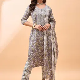 Winza Designer Women Floral Printed Regular Pure Cotton Kurta with Trousers & With Dupatta-picture-21