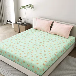 DREAM WEAVERZ Green & Pink Floral 260 TC King Bedsheet with 2 Pillow Covers image 2