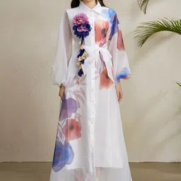 JC Collection Women Floral Print Puff Sleeve Applique Shirt Collar Maxi Dress-picture-31