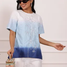 Zolo Label Embroidered Ombre Round Neck Pure Cotton Top With Palazzo Co-Ords image 4
