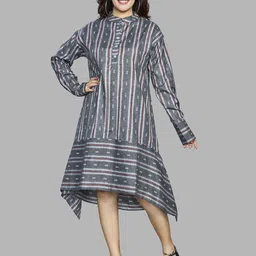 FANTASIA Women Striped Mandarin Collar Cuffed Sleeves A-Line Dress-image-13