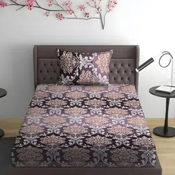 WEAVE AND DECOR Brown & White Floral 300 TC Single Bedsheet with 1 Pillow Covers-image-84