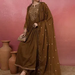 CANIZZARO Women Ethnic Motifs Embroidered Anarkali Kurta with Trousers & Dupatta image 5