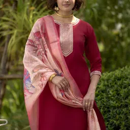 DIVASTRI Women Floral Embroidered Regular Thread Work Kurta with Trousers & With Dupatta-image-60