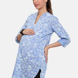 MINI KLUB Floral Print Mandarin Collar Roll-Up Sleeves Cotton High-Low Longline Top image 4