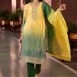 KALINI Bandhani Printed Sequinned Straight Kurta With Trousers & Dupatta-picture-41